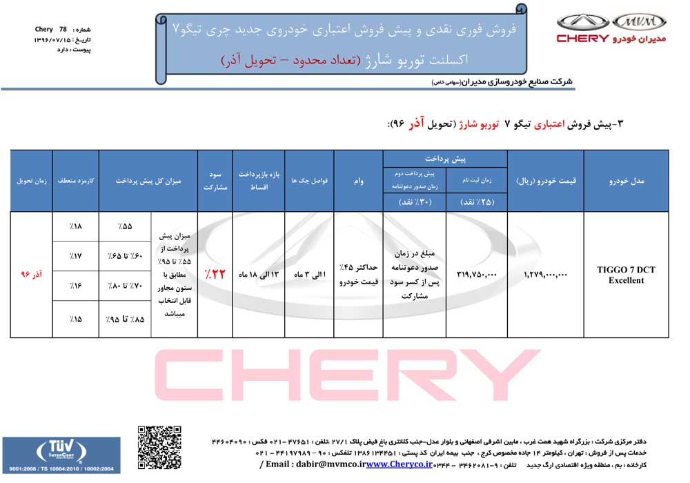 شرایط فروش تیگو 7 اکسلنت مهرماه 96