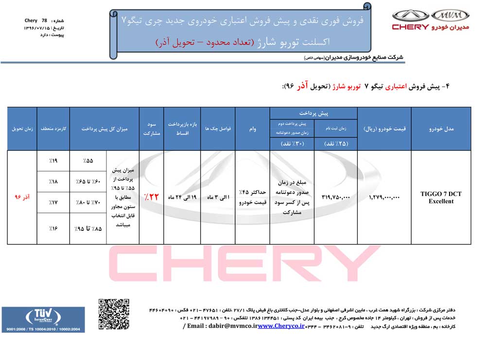 شرایط فروش تیگو 7 اکسلنت مهرماه 96