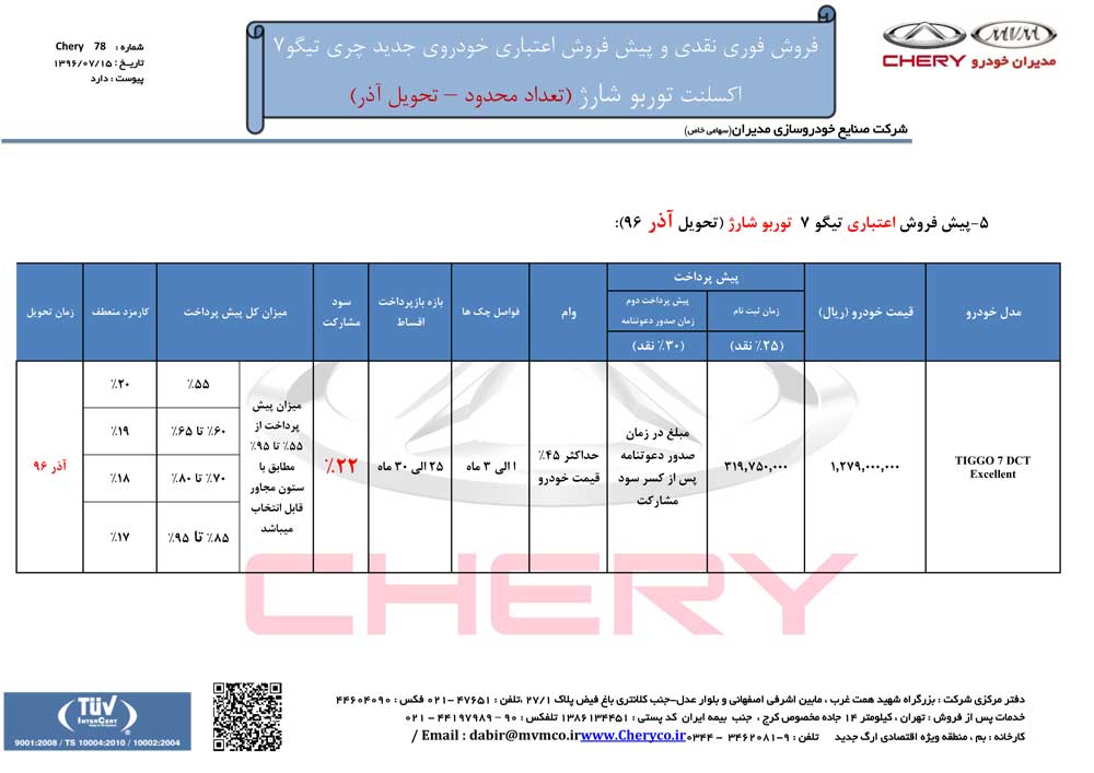 شرایط فروش تیگو 7 اکسلنت مهرماه 96