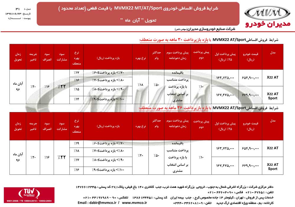 شرایط فروش ام وی ام X22 با تحویل آبان ماه