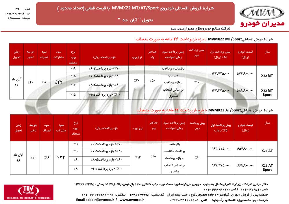 شرایط فروش ام وی ام X22 با تحویل آبان ماه