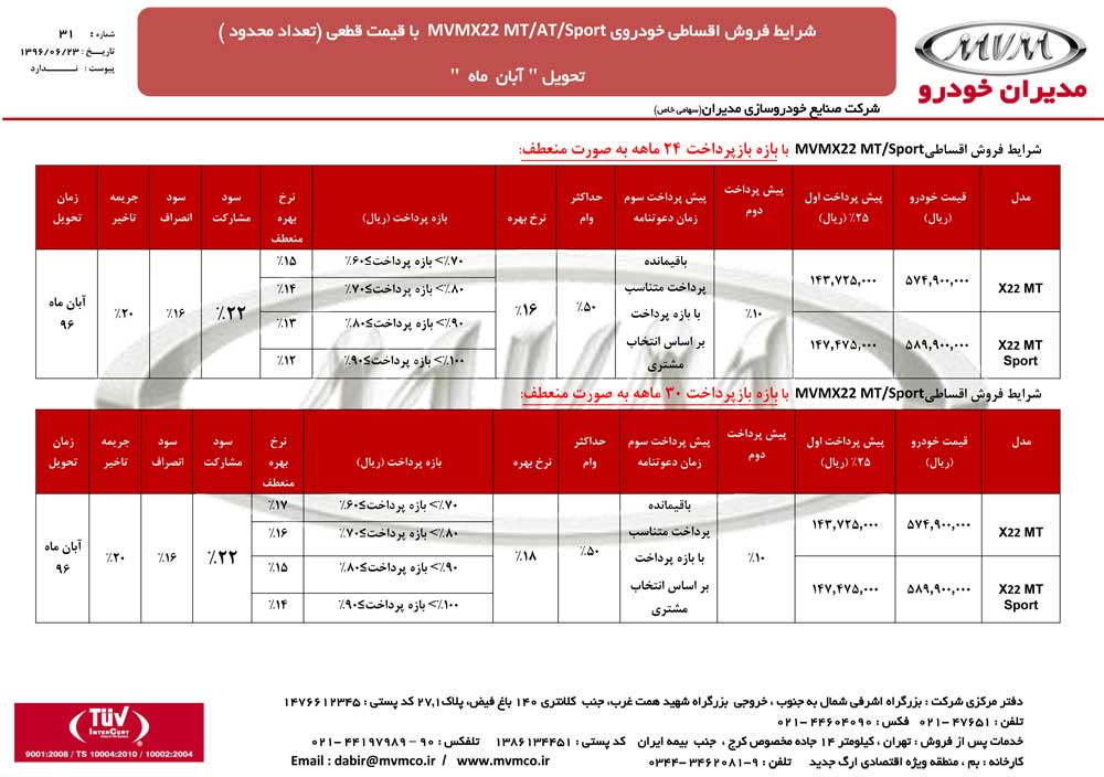 شرایط فروش ام وی ام X22 با تحویل آبان ماه