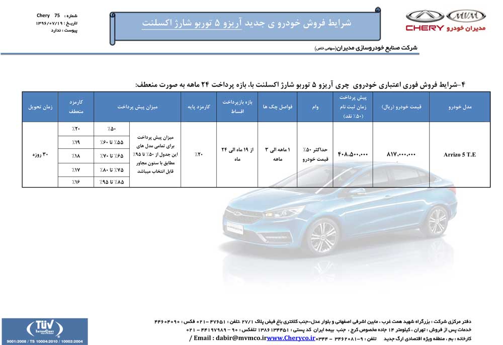 شرایط فروش آریزو 5 توربو TE