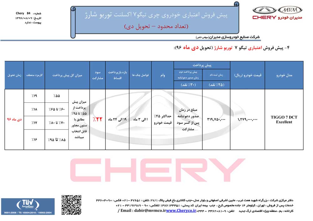 شرایط فروش چری تیگو 7 اکسلنت آبان ماه 96