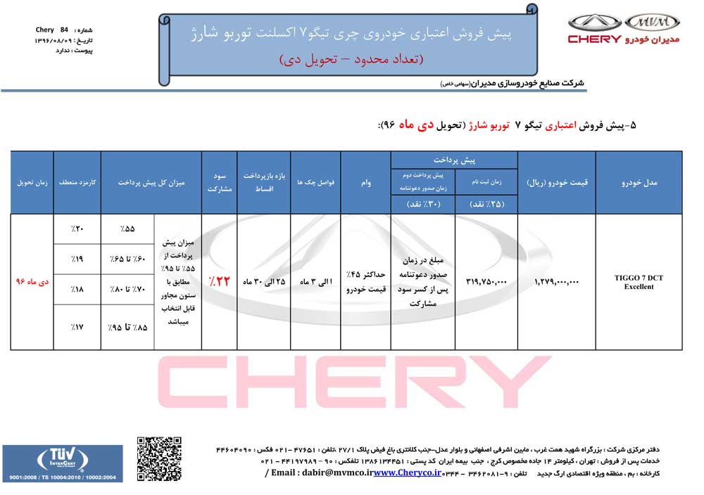 شرایط فروش چری تیگو 7 اکسلنت آبان ماه 96