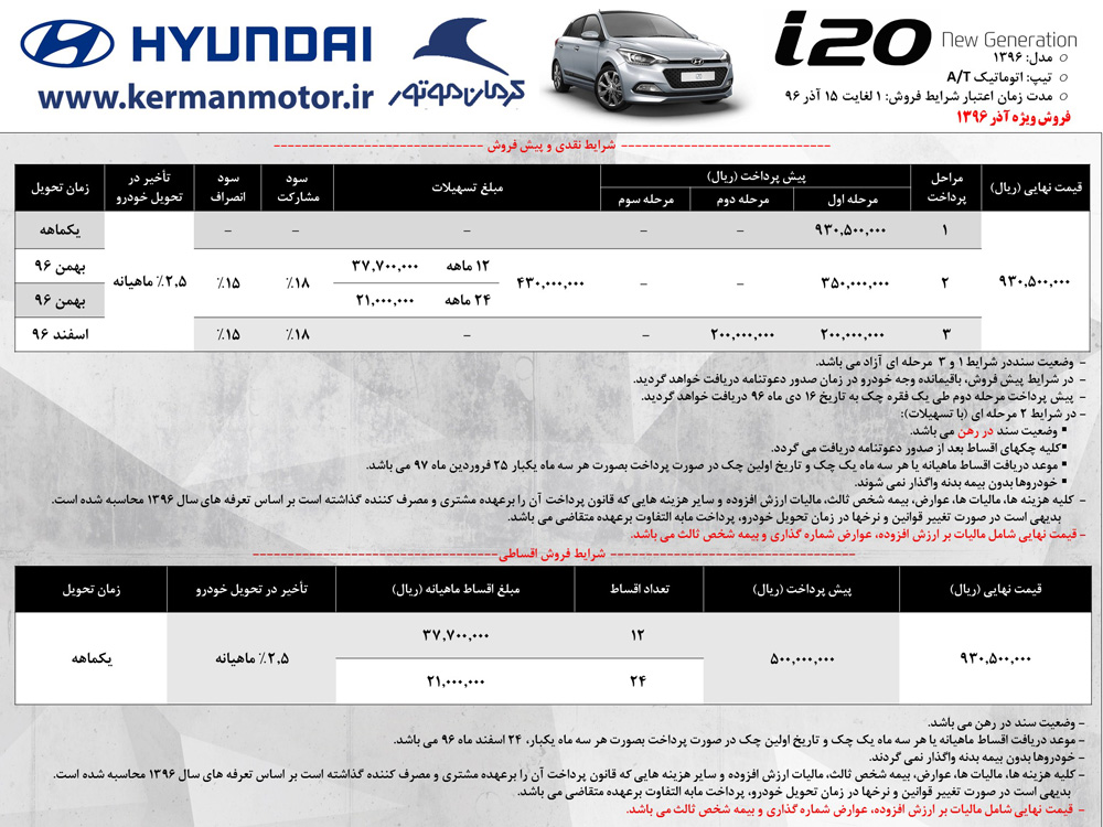 شرایط فروش هیوندای اکسنت و i20 آذر 96