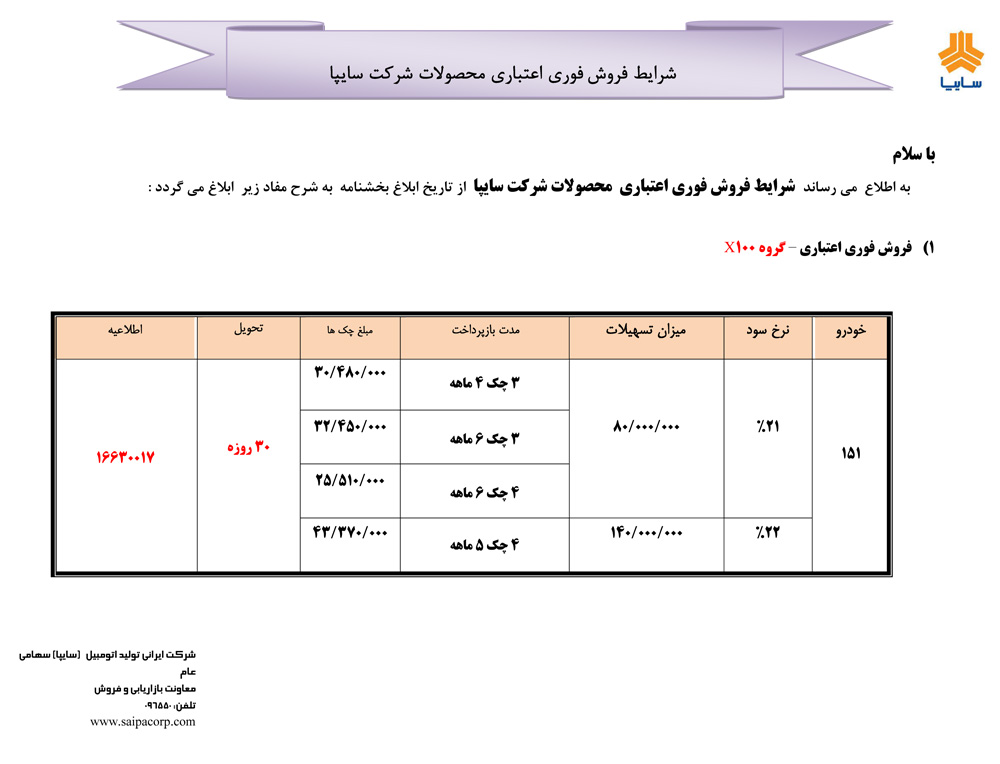 ظرایط فروش اقساط سایپا /آذر 96