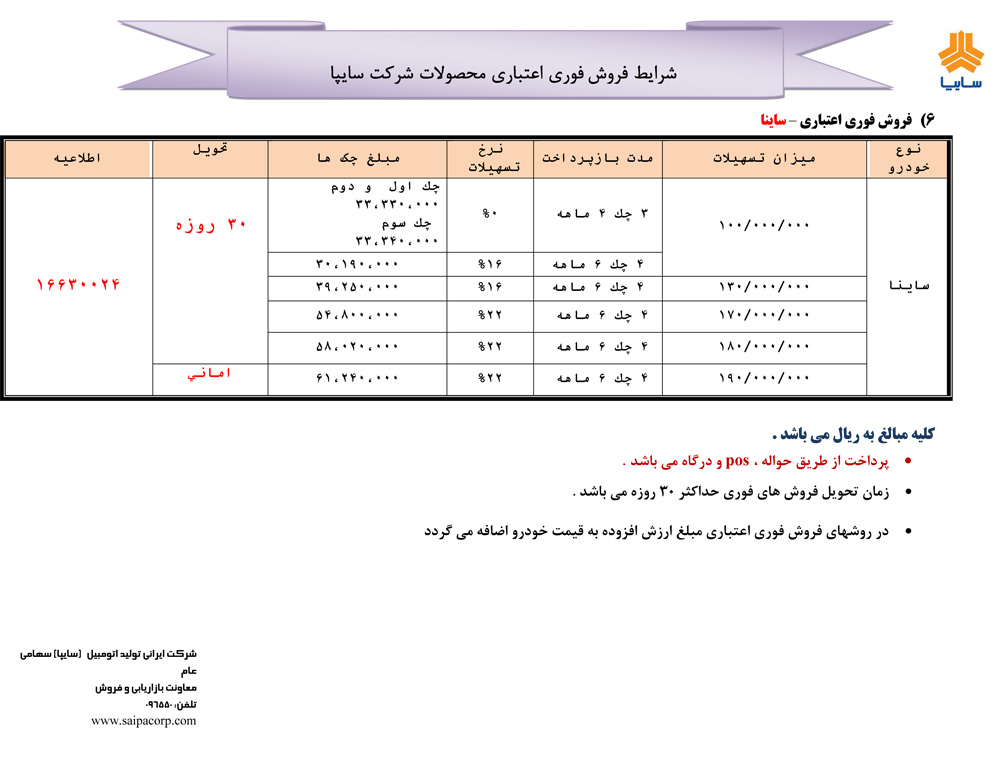 شرایط فروش اقساط سایپا /آذر 96