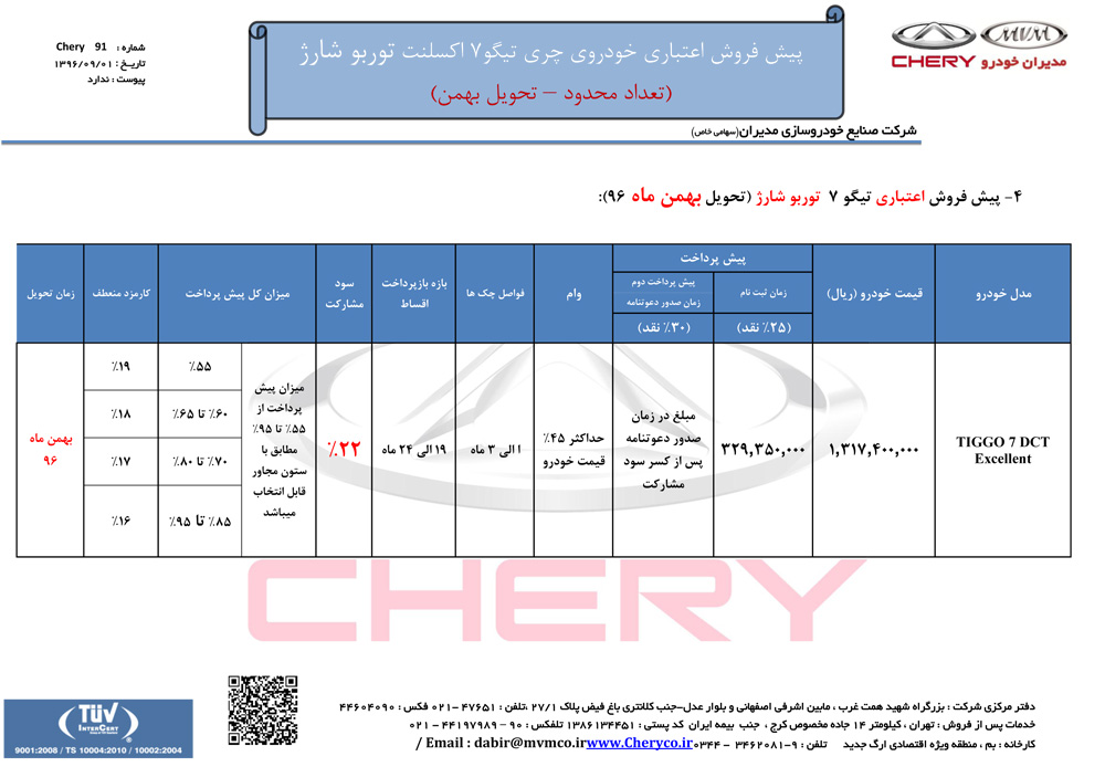 شرایط فروش اقساطی تیگو 7 آذر ماه 96