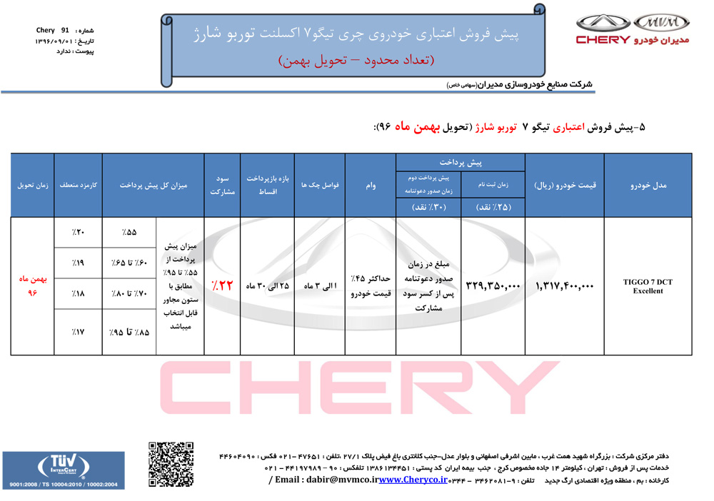 شرایط فروش اقساطی تیگو 7 آذر ماه 96