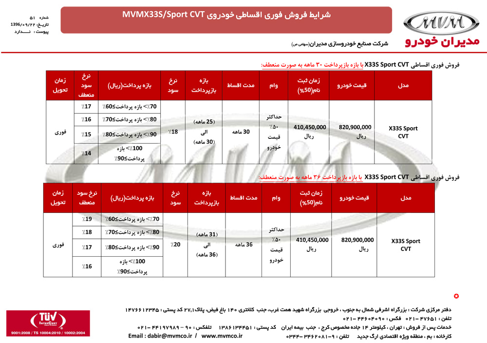 شرایط فروش ام ی ام X33 S دی ماه 96