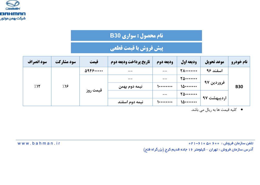 شرایط فروش بسترن B30