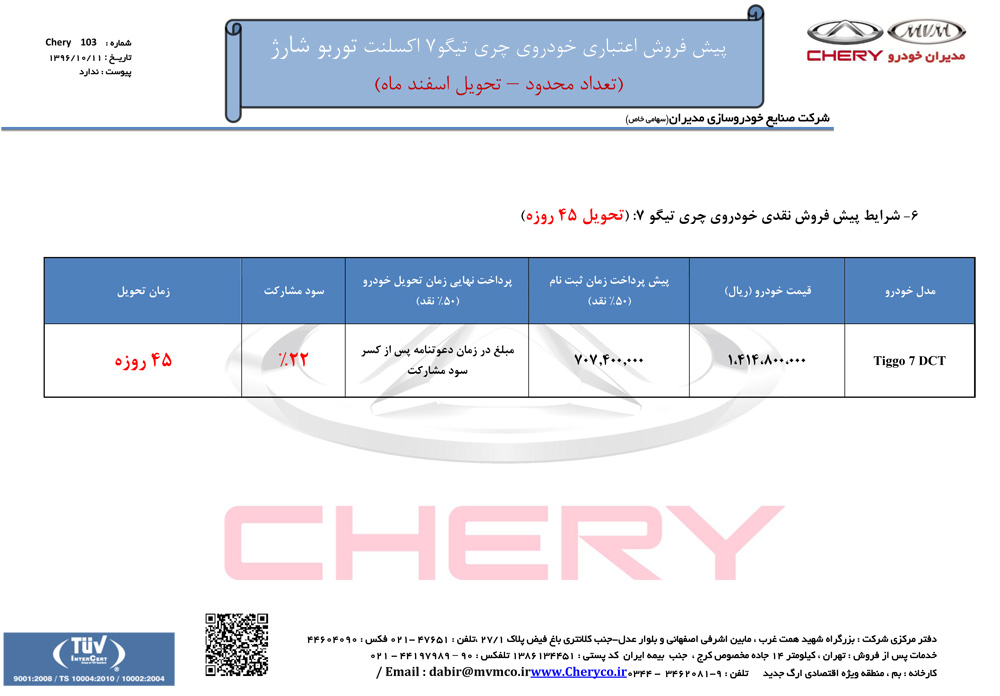 شرایط فروش چری تیگو 7 دی ماه 96