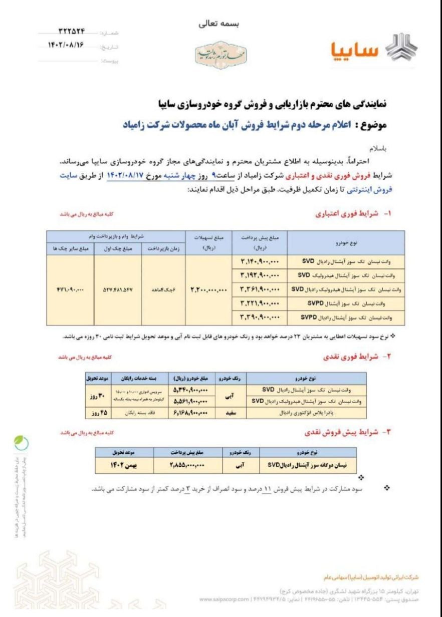 شرایط فروش زامیاد 1402