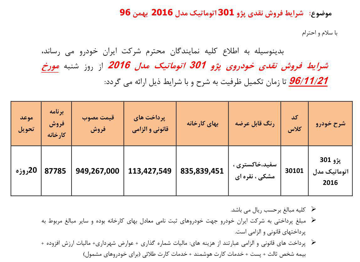 شرایط فروش پژو 301 بهمن 96